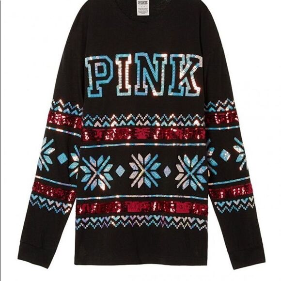 Victoria’s Secret Pink Bling Sequin Christmas Oversized tee shirt black - Picture 3 of 7